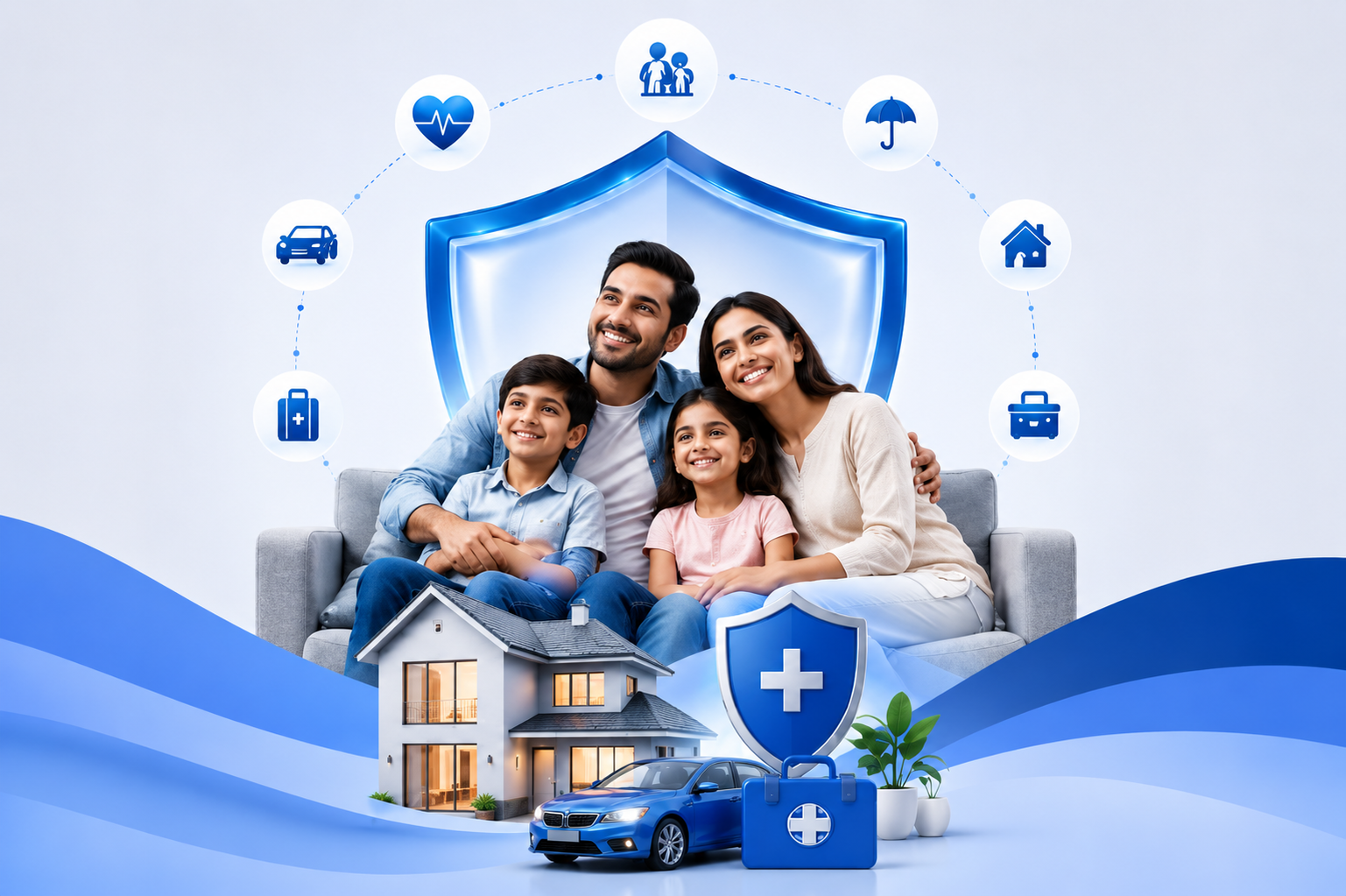 Family protected by insurance shield with car, home, health and travel coverage