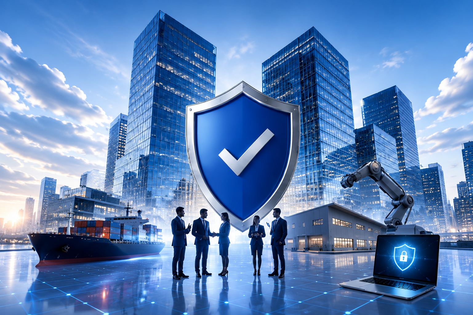 Modern office, factory and cyber security business protection illustration